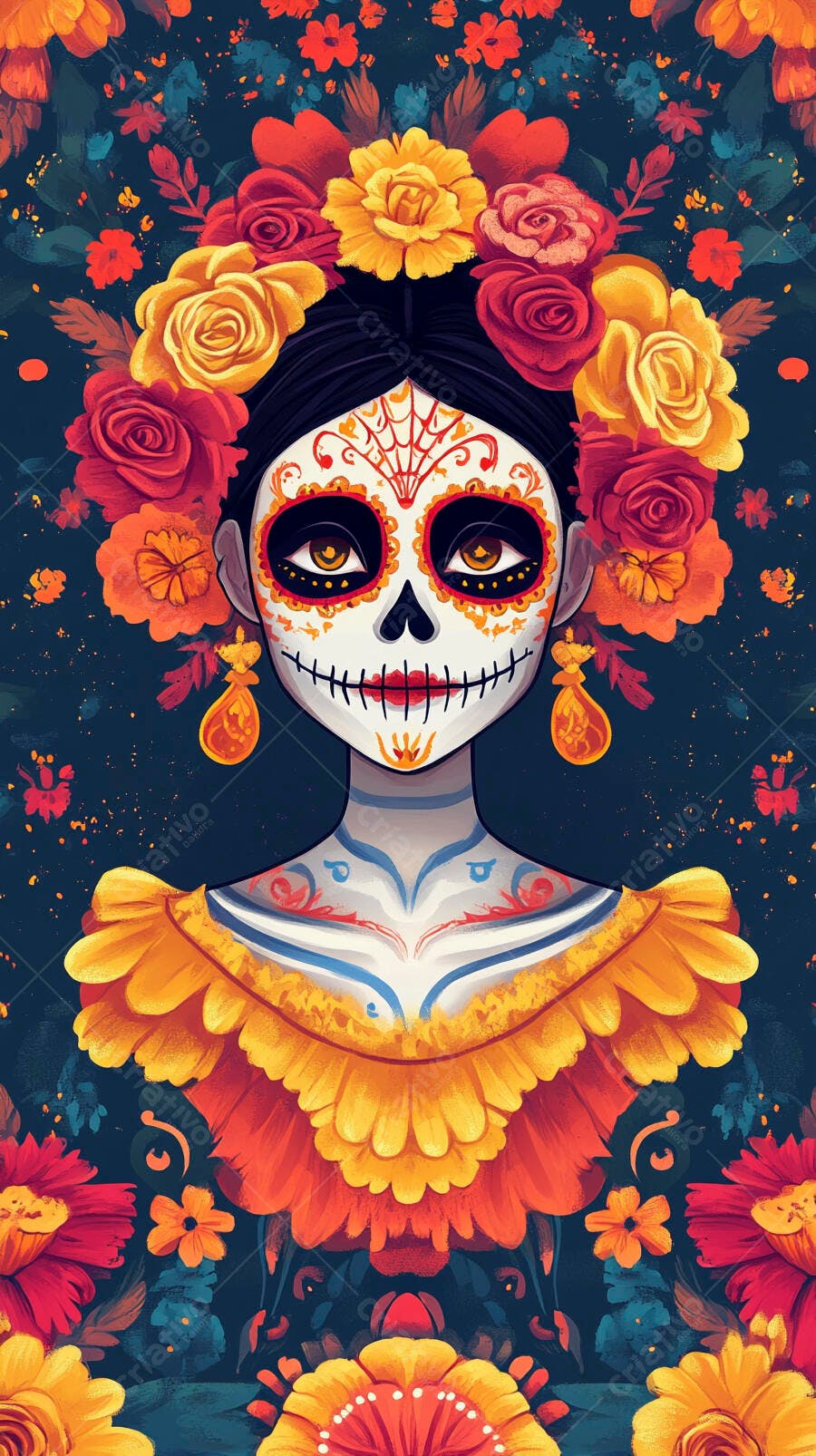 Mulher Catrina com maquiagem de caveira de açúcar e coroa floral colorida