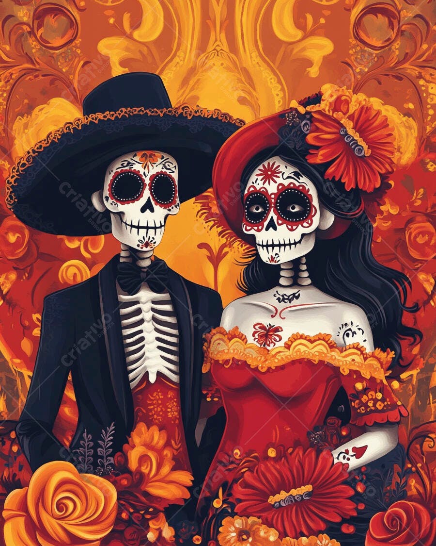 Casal de Catrinas esqueletos em trajes festivos coloridos para o Dia dos Mortos