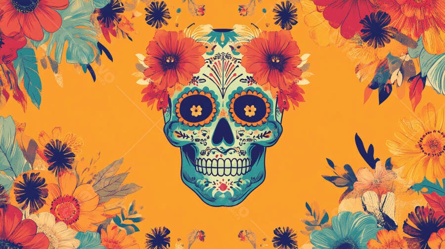 Caveira mexicana decorada com flores vibrantes para o Dia dos Mortos em fundo laranja