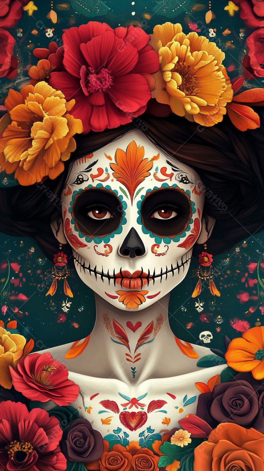 Mulher Catrina com maquiagem de caveira e flores vibrantes para Dia dos Mortos