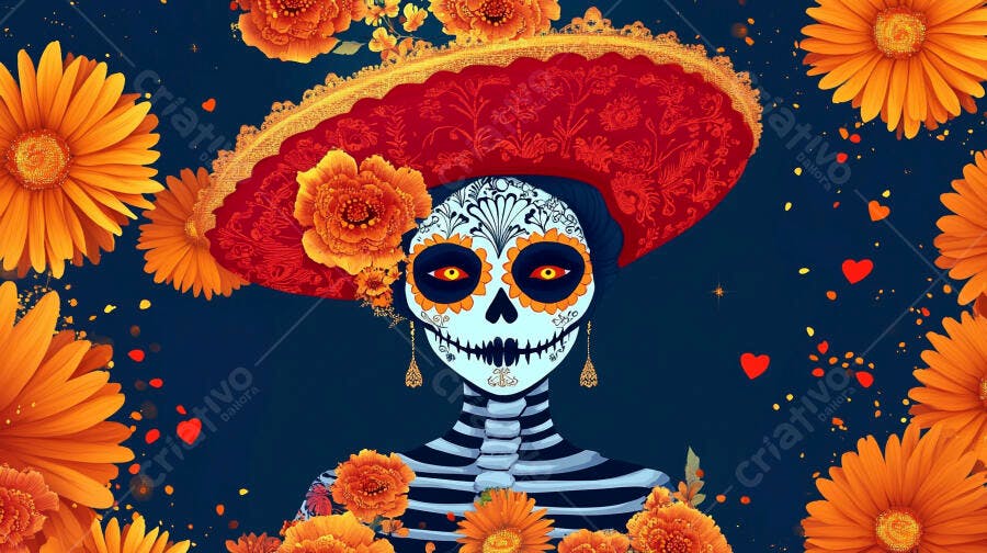 Calavera Catrina festiva com chapéu vermelho e flores laranjas Dia dos Mortos