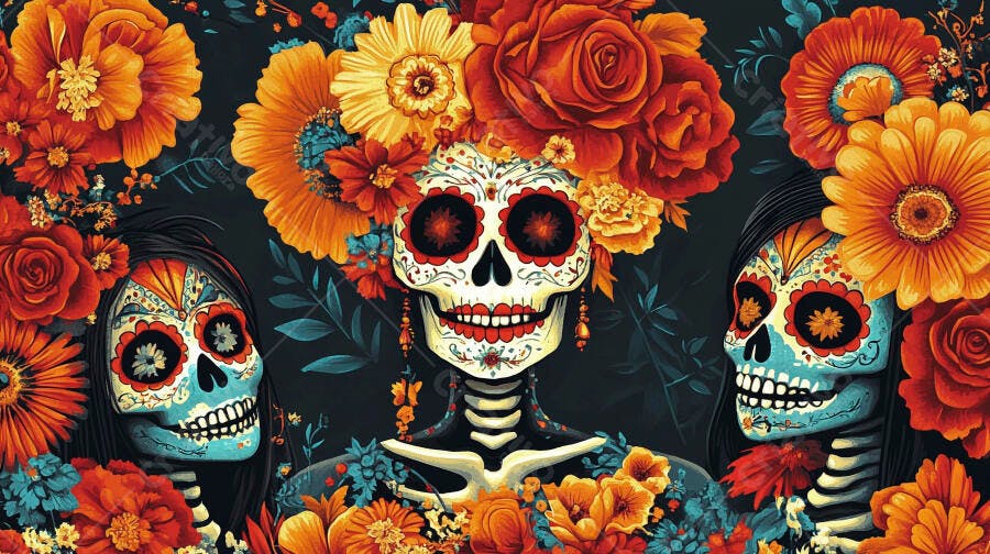 Calaveras femininas Dia de los Muertos com maquiagem floral cores vibrantes