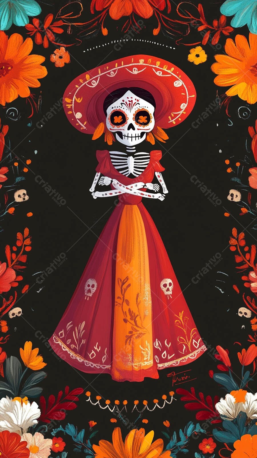 Calavera Catrina com sombrero e vestido vibrante para o Dia dos Mortos