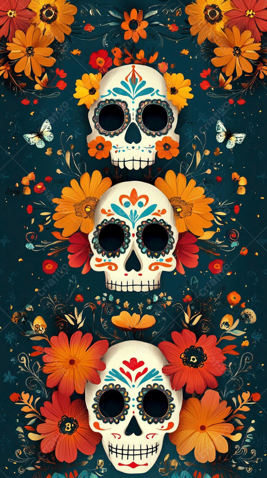 Caveiras de açúcar coloridas com flores e borboletas para Dia dos Mortos