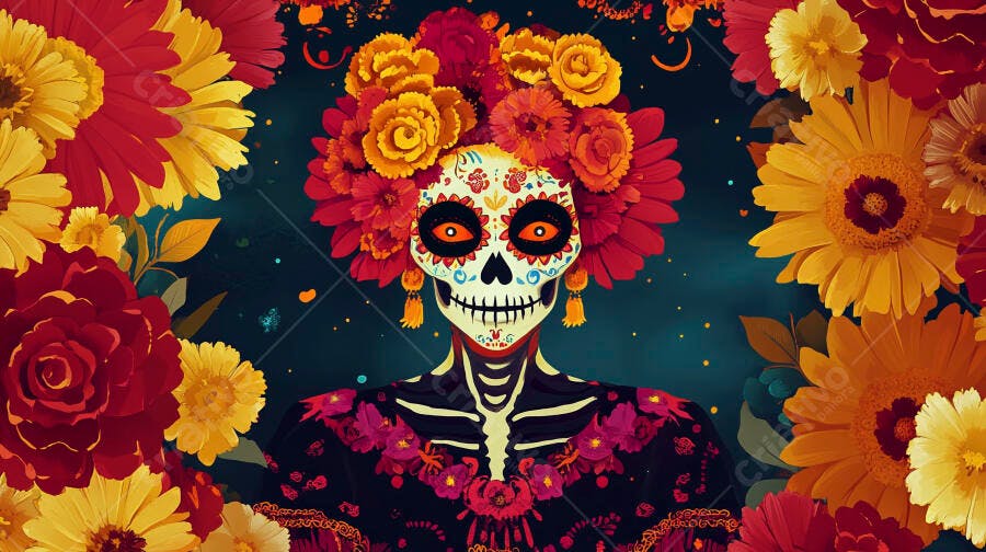 Calavera mexicana colorida com flores celebrando o Dia de los Muertos arte digital