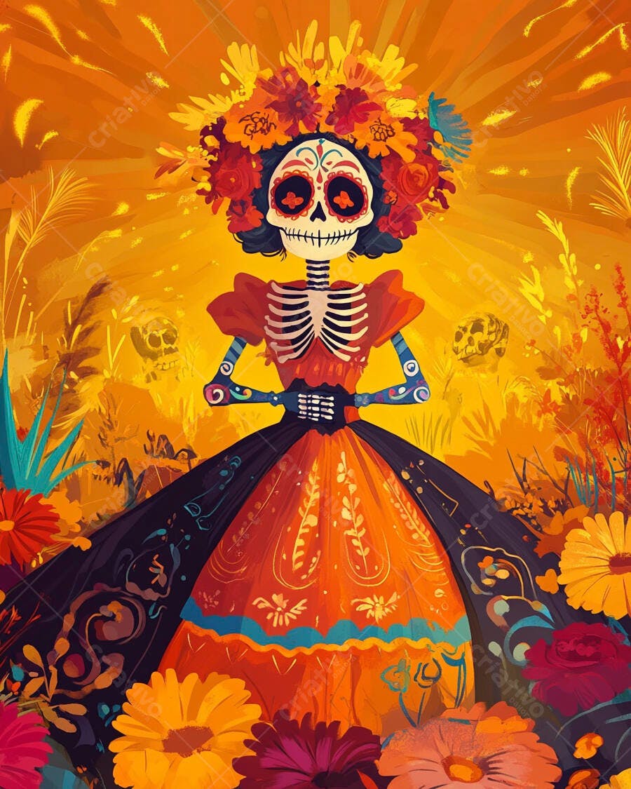 Calavera Catrina mexicana com flores vibrantes e vestido laranja Dia dos Mortos