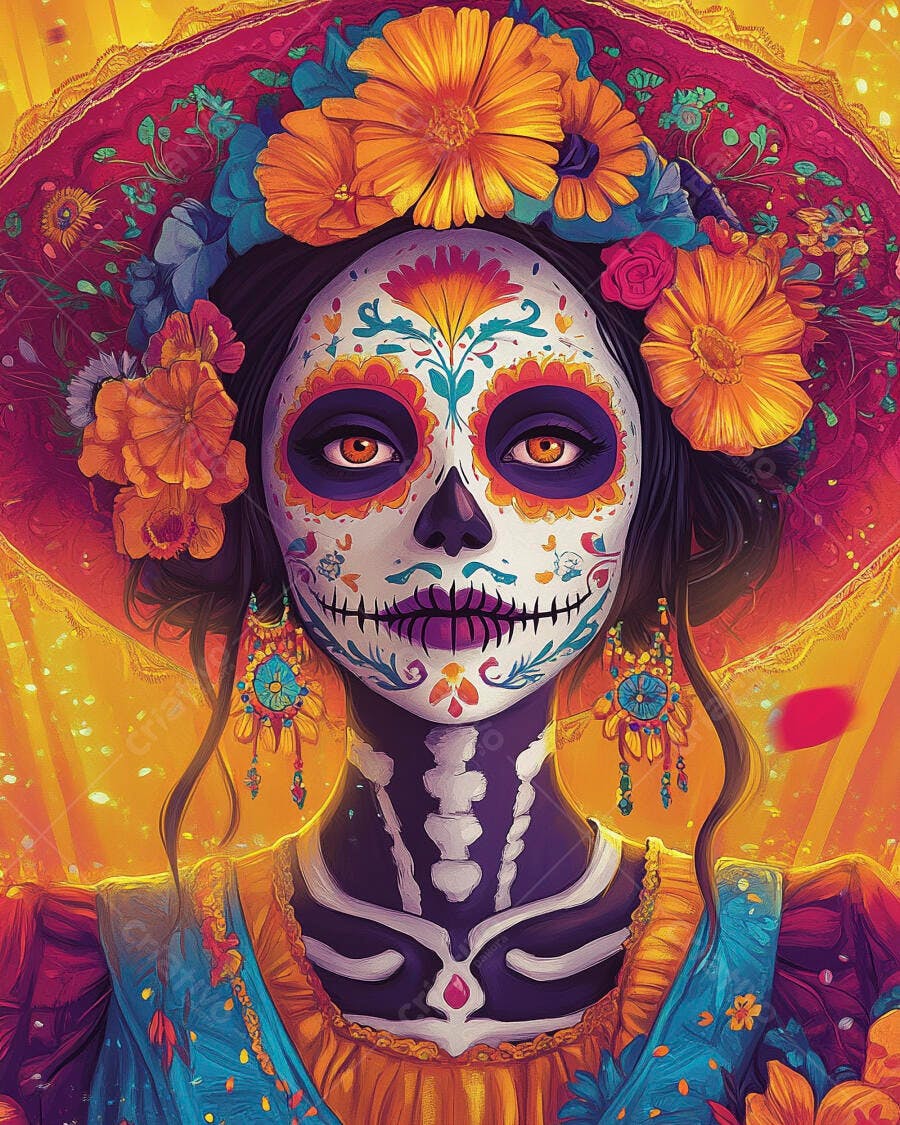 Mulher maquiagem Calavera vibrante chapéu floral Dia de Muertos
