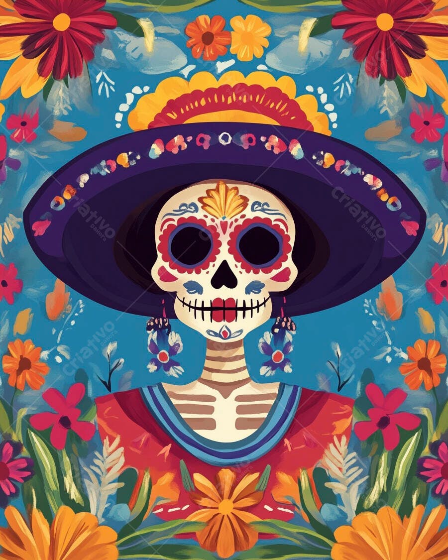 Calavera Catrina em chapéu sombrero flores vibrantes arte mexicana Dia dos Mortos