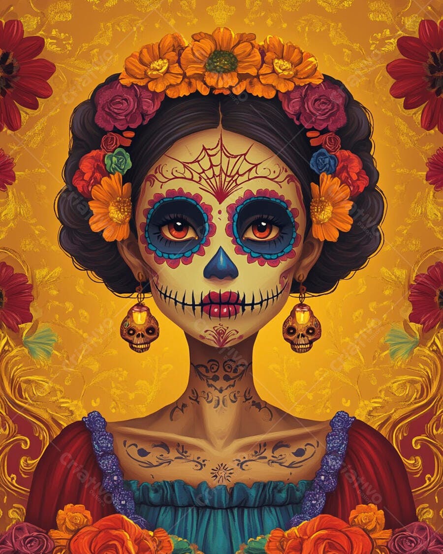 Mulher Catrina mexicana com coroa de flores coloridas e maquiagem de caveira vibrante