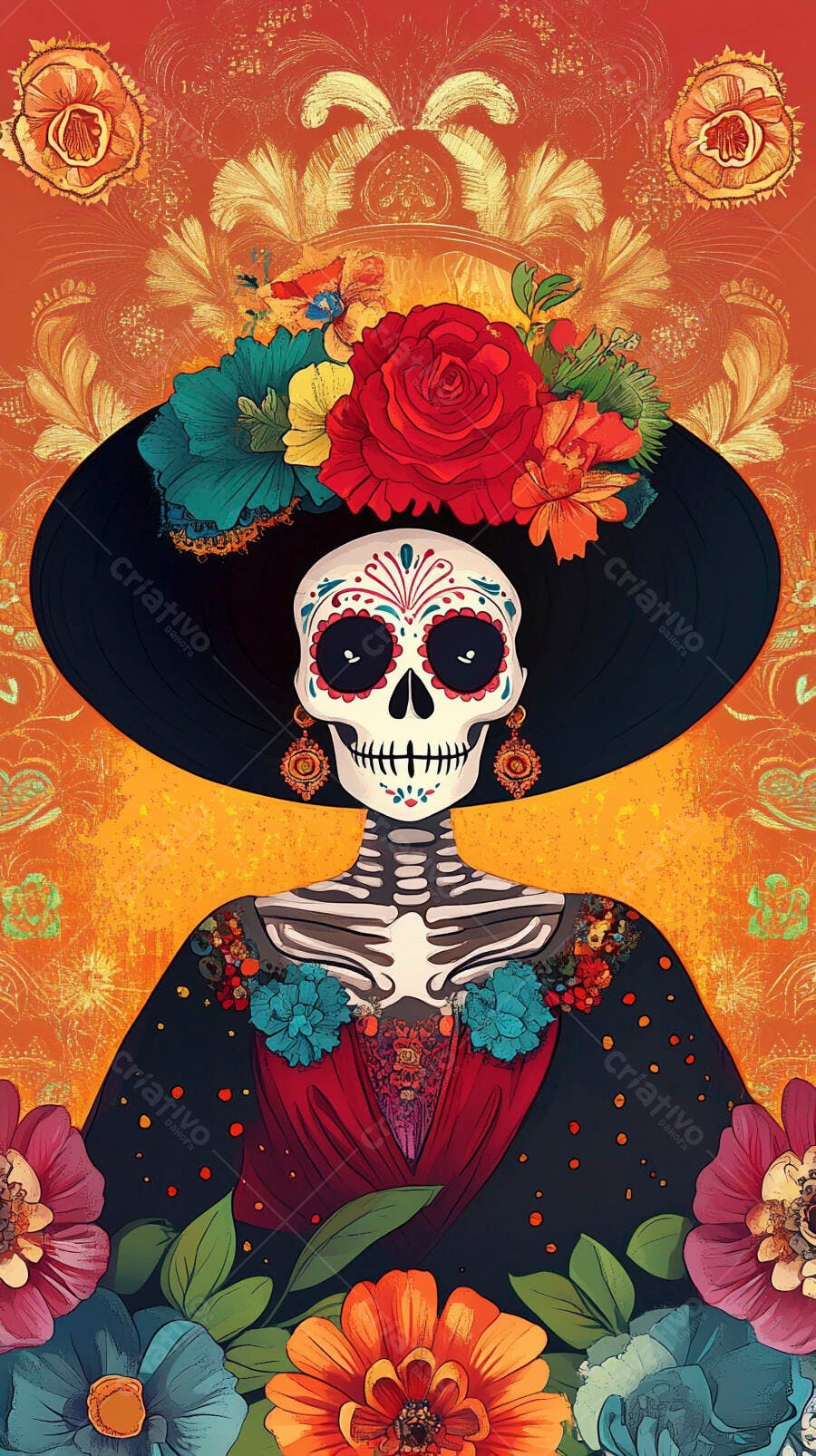 Calavera Catrina mulher esqueleto com chapéu floral para Dia de Muertos