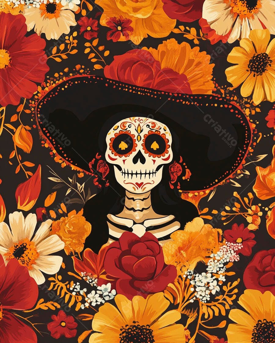 Calavera Catrina com sombrero e flores coloridas em celebração do Dia dos Mortos