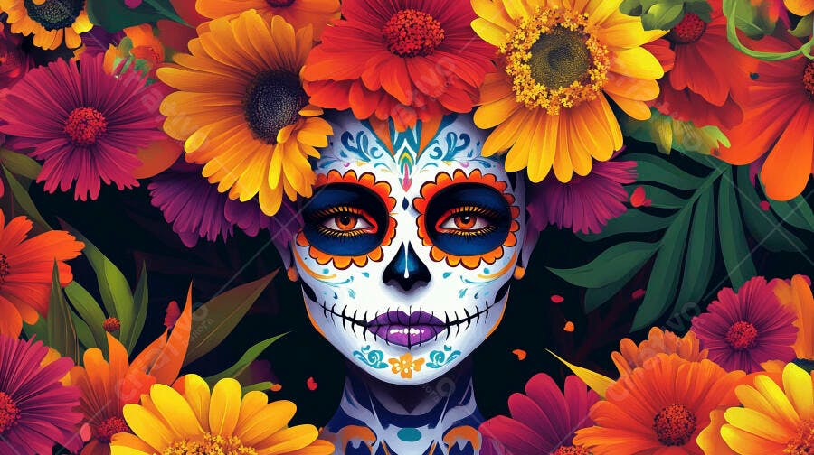 Calavera Catrina colorida rodeada por flores vibrantes Dia dos Mortos