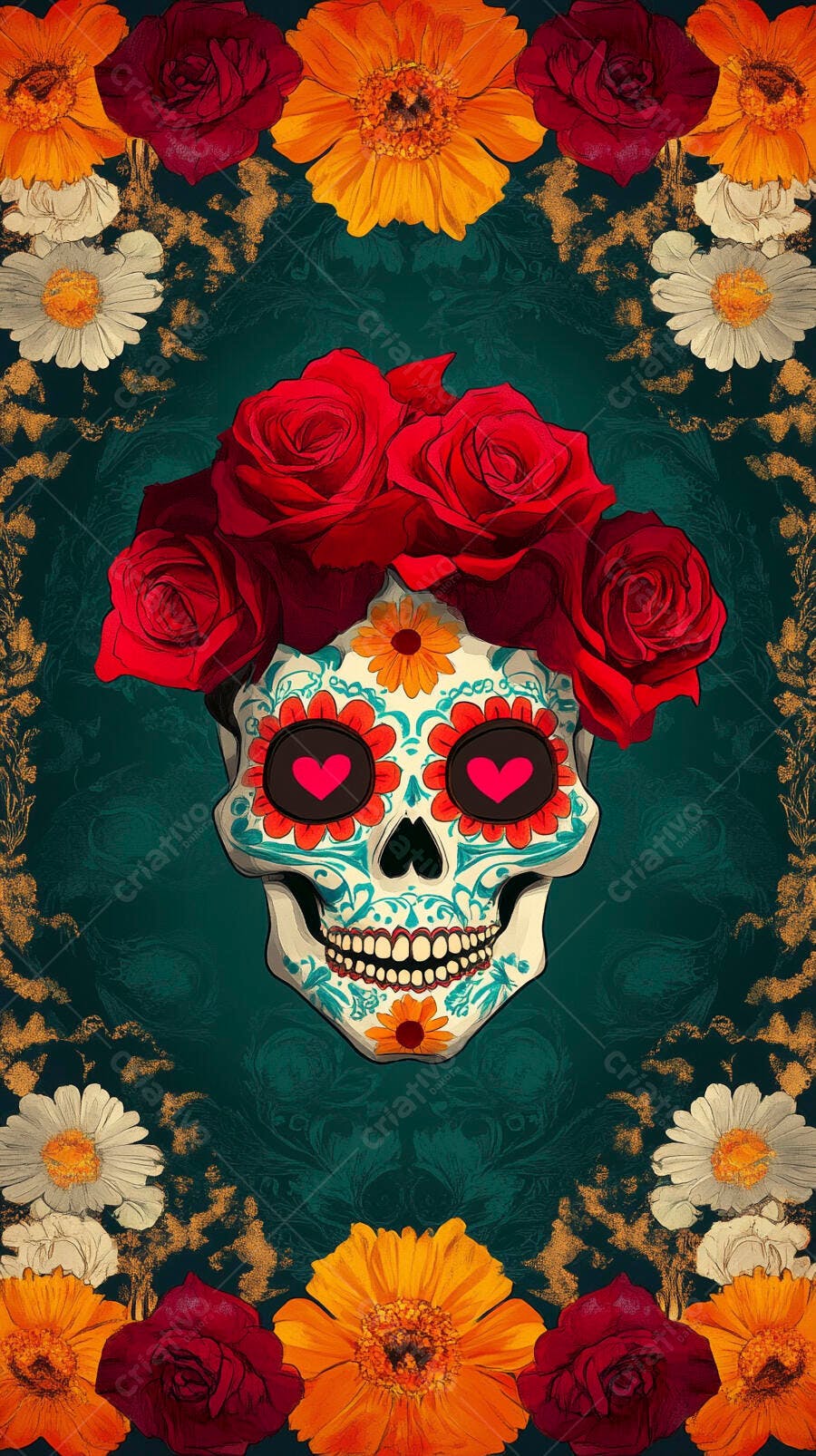 Caveira mexicana vibrante com rosas vermelhas e flores para o Dia dos Mortos