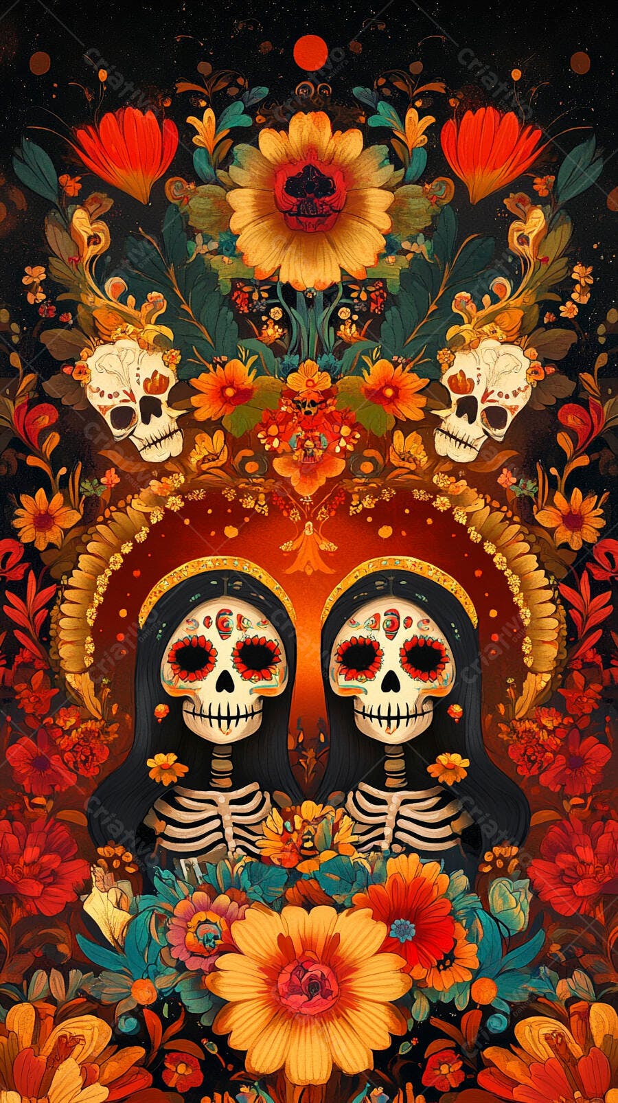 Duas Catrinas esqueletos com flores vermelhas e alaranjadas celebração Dia dos Mortos