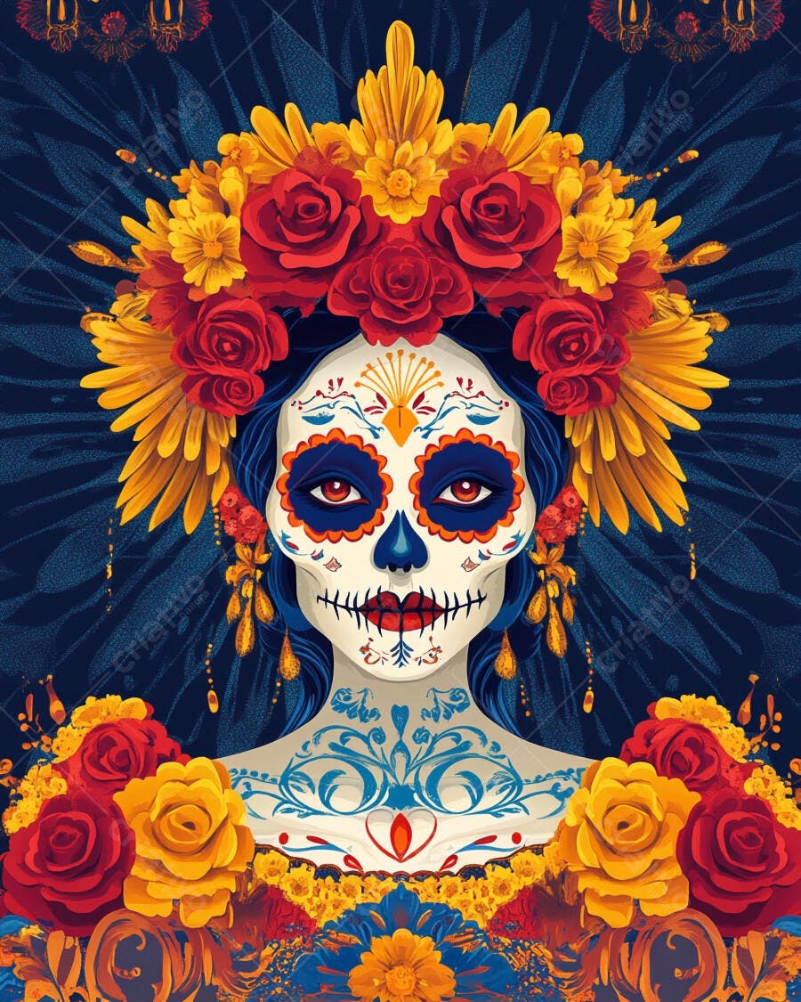 Mulher Catrina com flores vibrantes para Dia dos Mortos