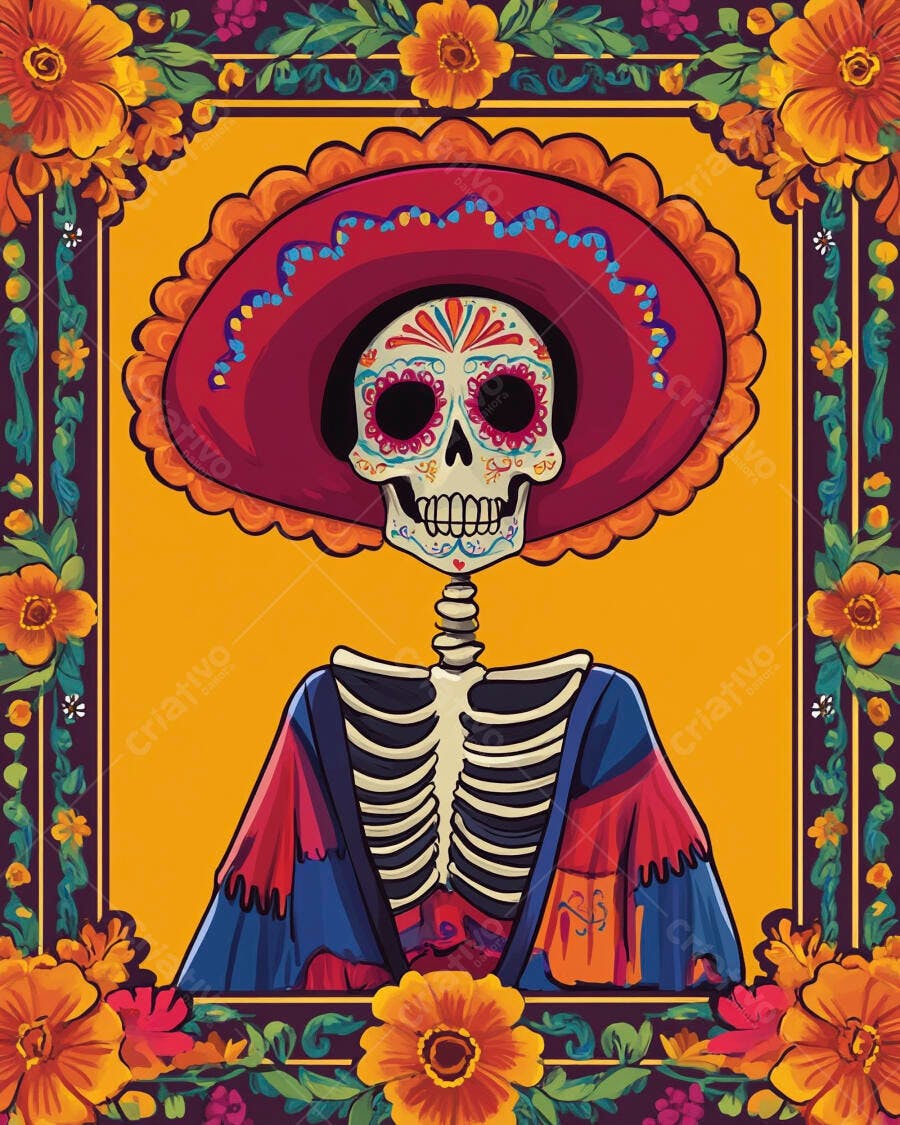 Calavera mexicana colorida com chapéu e poncho em celebração Dia de Muertos