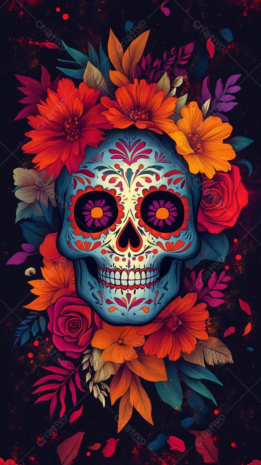 Calavera mexicana colorida com flores vibrantes e detalhes ornamentados