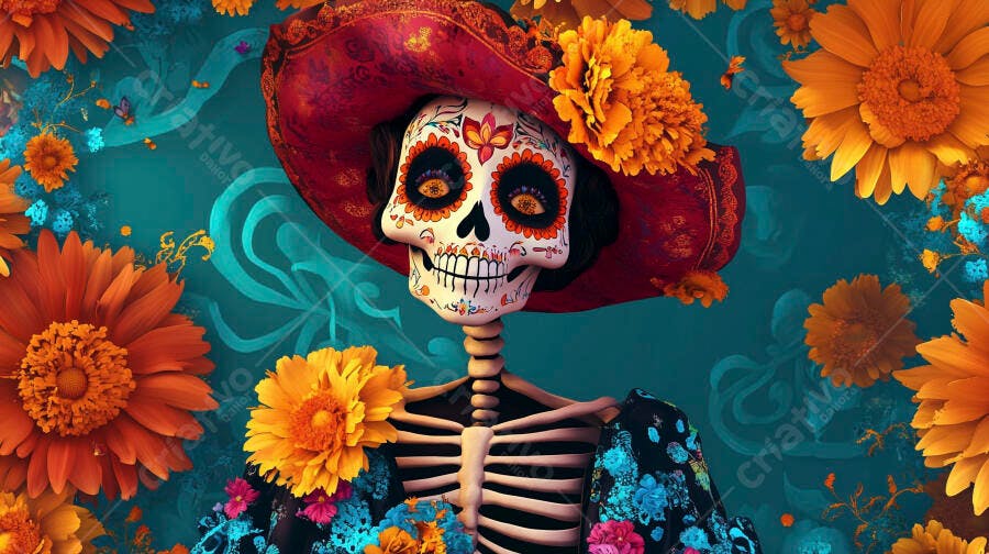 Catrina esqueleto com chapéu vermelho e flores cempasúchil Dia dos Mortos