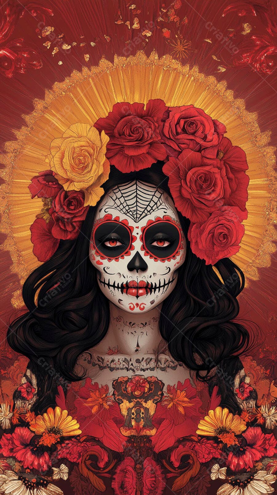 Retrato Catrina maquiagem de caveira rosas vermelhas e douradas Dia dos Mortos