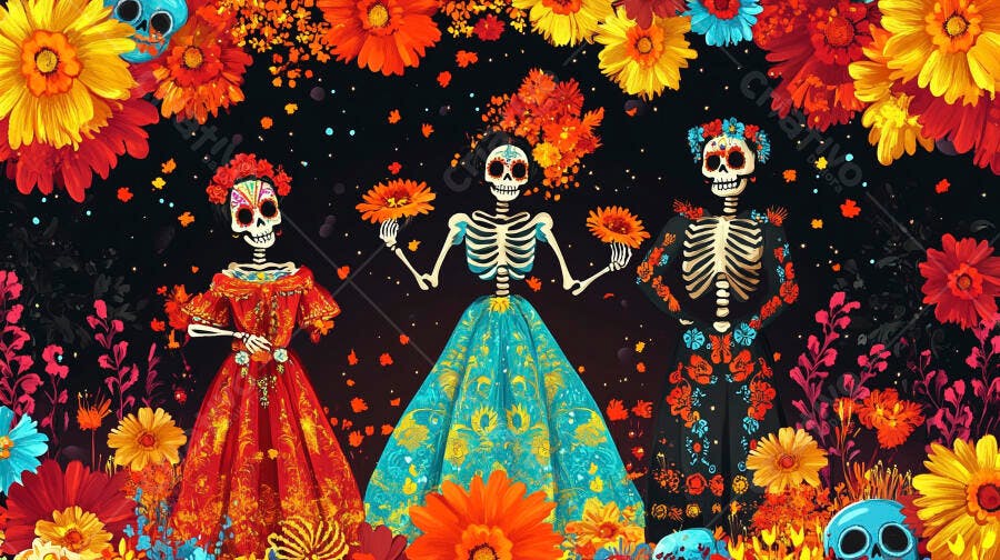 Três Catrinas coloridas com flores de cempasúchil em celebração do Dia dos Mortos