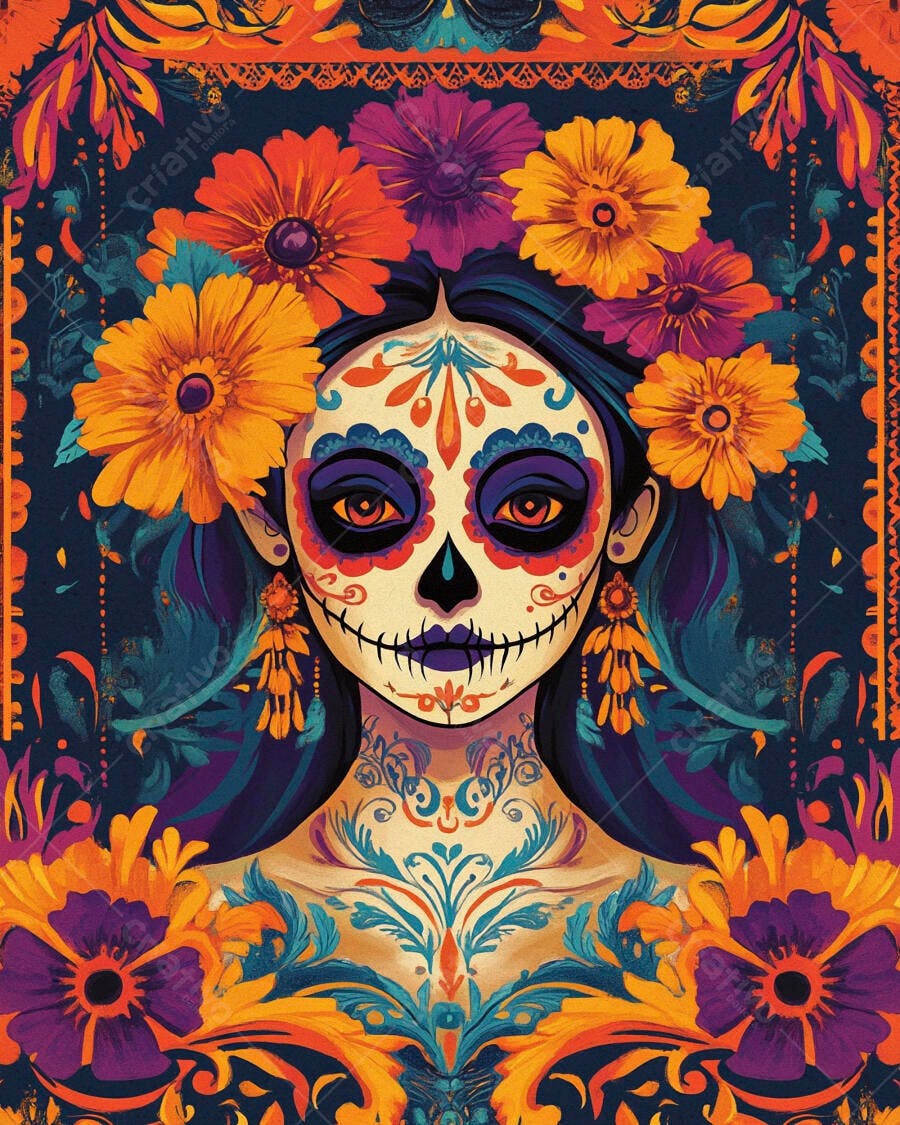 Calavera Catrina colorida com flores vibrantes para Dia dos Mortos