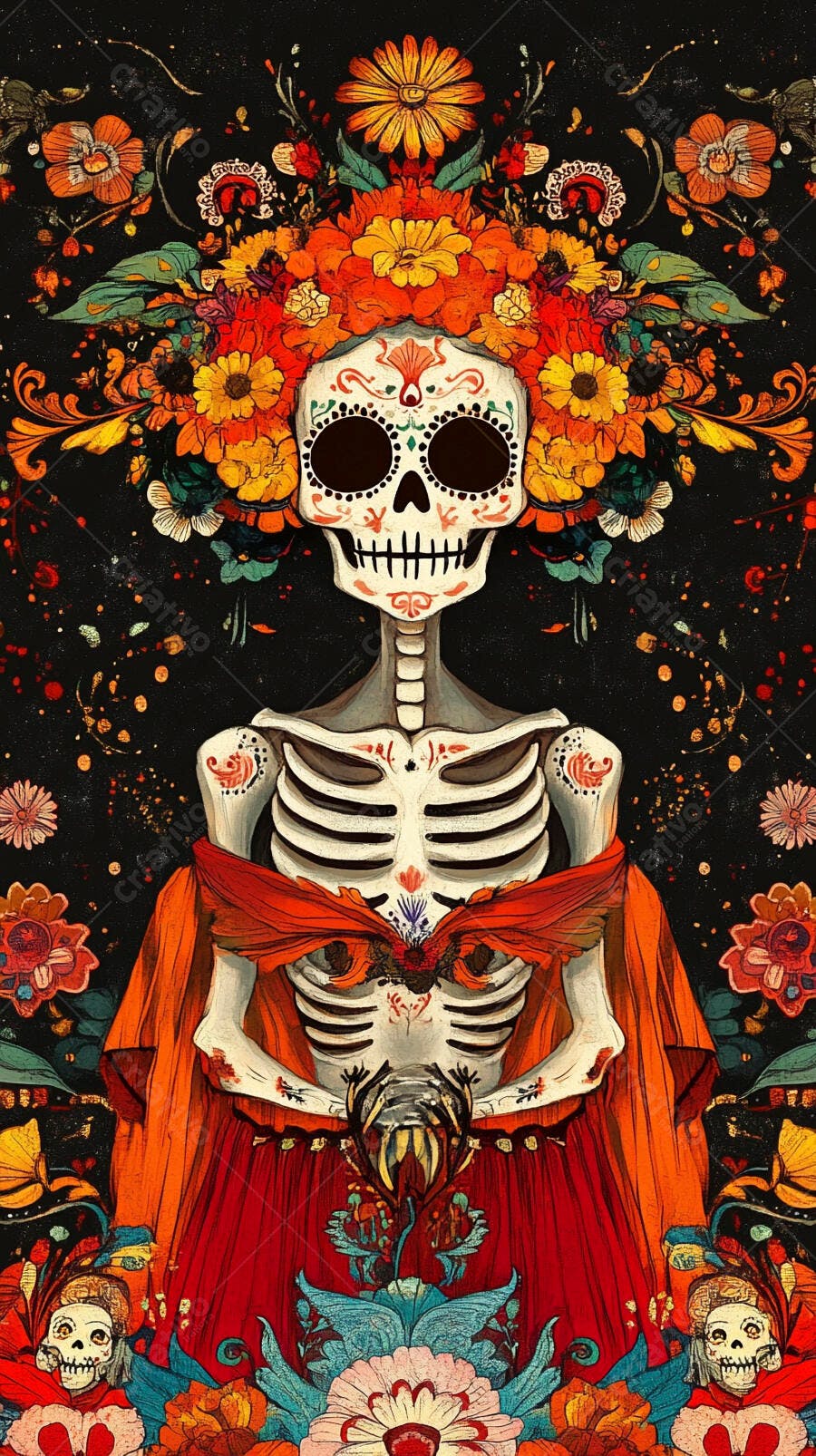 Calavera Catrina esqueleto floral vibrante para Dia de Muertos