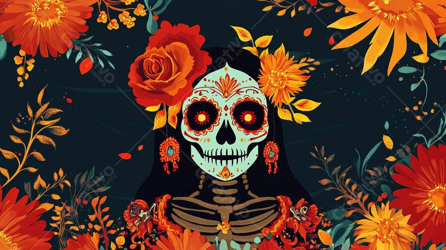 Calavera Catrina mexicana com flores laranja e vermelhas para Dia dos Mortos