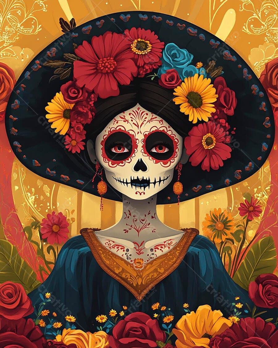 Calavera Catrina mulher com chapéu de flores coloridas em Dia de Muertos