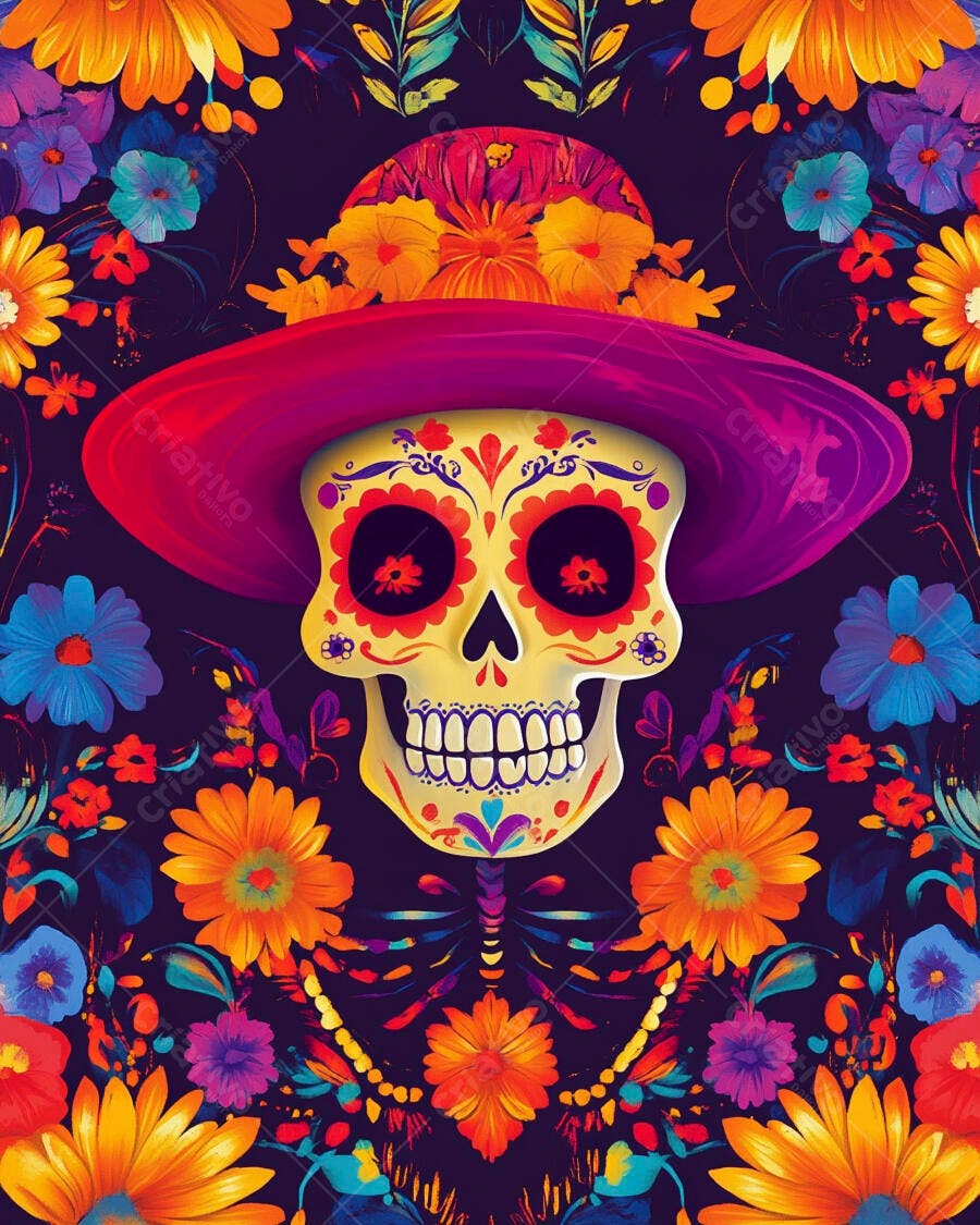 Caveira mexicana colorida com flores vibrantes e chapéu estilo Dia dos Mortos