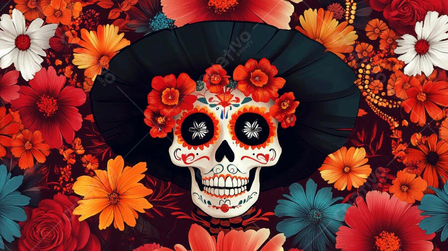 Calavera mexicana colorida com flores vibrantes e chapéu preto para Dia dos Mortos