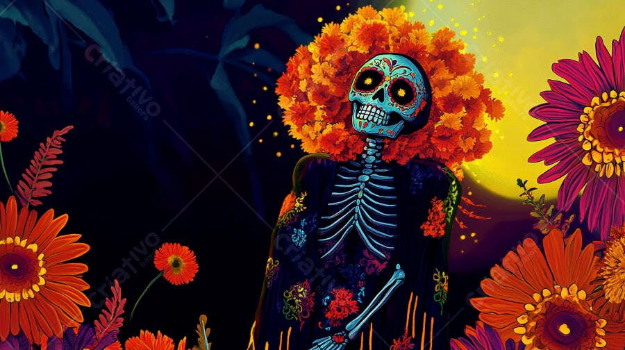 Calavera colorida com flores de cempasúchil para Dia de los Muertos
