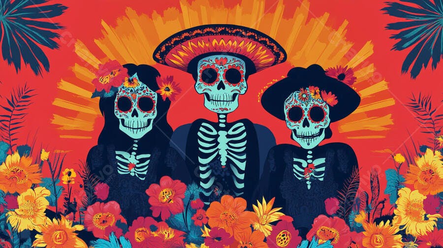 Família de esqueletos Calavera coloridos com flores e sombrero em celebração mexicana