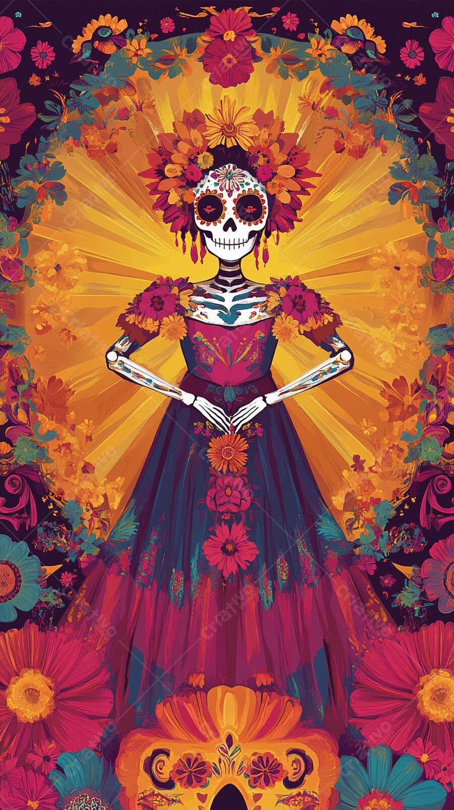 Calavera Catrina floral vibrante arte do Dia dos Mortos