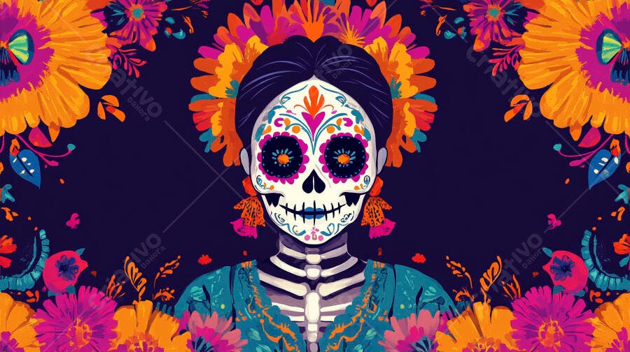 Calavera Catrina feminina colorida com flores vibrantes e fundo escuro