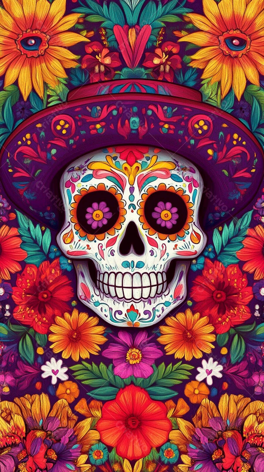 Calavera de açúcar vibrante com sombrero e flores coloridas Dia de Muertos
