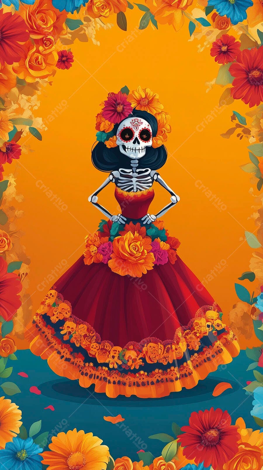 Catrina esqueleto feminino vestido vermelho festivo com flores coloridas Dia dos Mortos