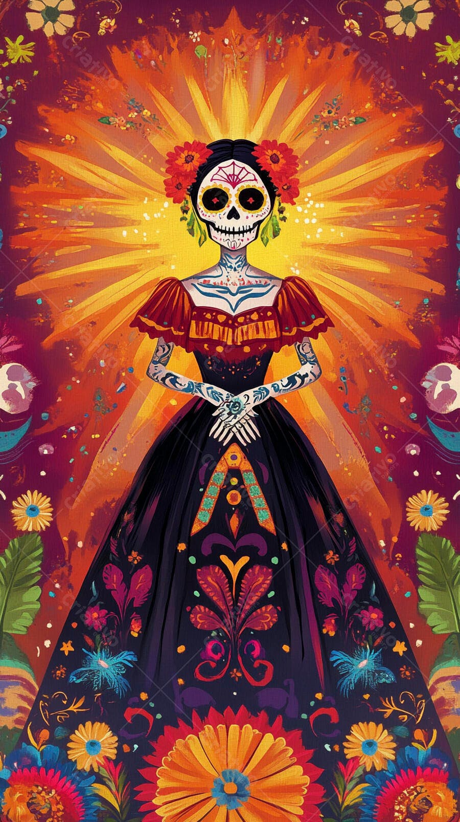 Mulher esqueleto Catrina com flores vermelhas e vestido floral vibrante Dia dos Mortos
