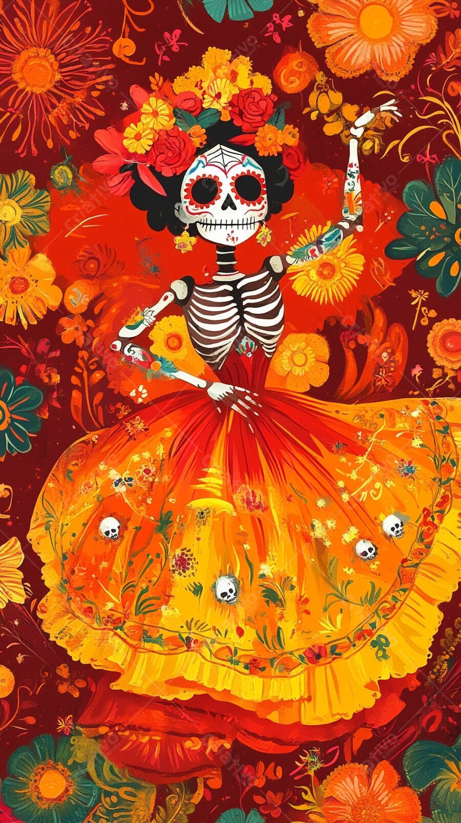 Catrina colorida dançando em celebração do Dia dos Mortos mexicana