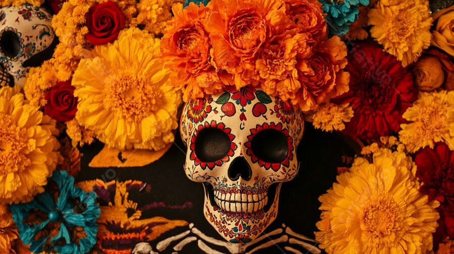 Calavera decorada com flores vibrantes e coloridas para o Dia de los Muertos