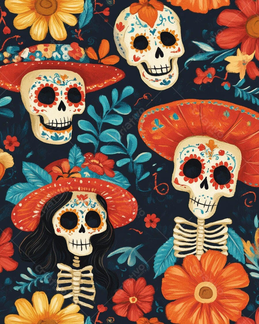 Caveiras de açúcar coloridas Catrinas com flores Dia dos Mortos padrão vibrante
