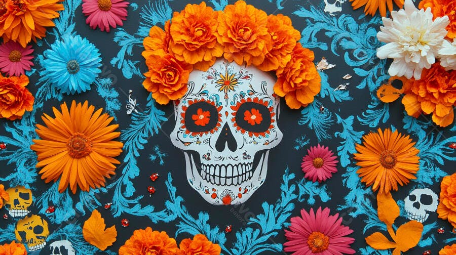 Crânio de açúcar calavera colorido com flores vibrantes e padrão floral Dia de Muertos