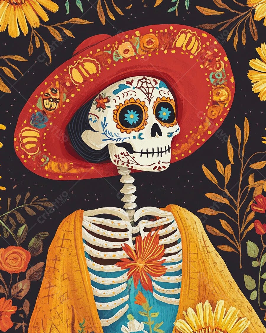 Caveira mexicana Catrina com sombrero vermelho e flores vibrantes