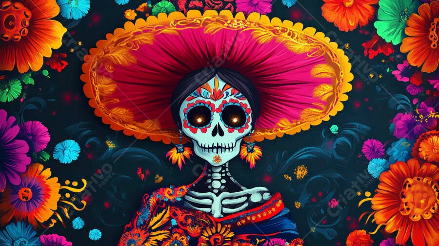 Calavera Catrina com chapéu rosa vibrante e flores coloridas celebrando Dia de Muertos