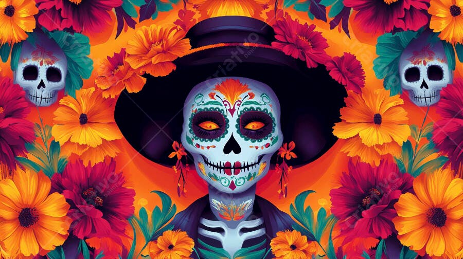 Caveira Catrina vibrante com flores coloridas celebra Dia de los Muertos ilustração