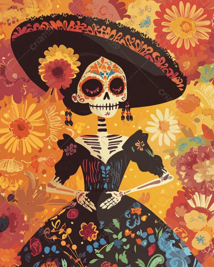 Calavera Catrina elegante em chapéu floral e vestido colorido para Dia de los Muertos
