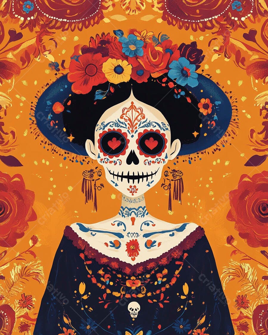 Calavera Catrina colorida com flores vibrantes e maquiagem de caveira mexicana