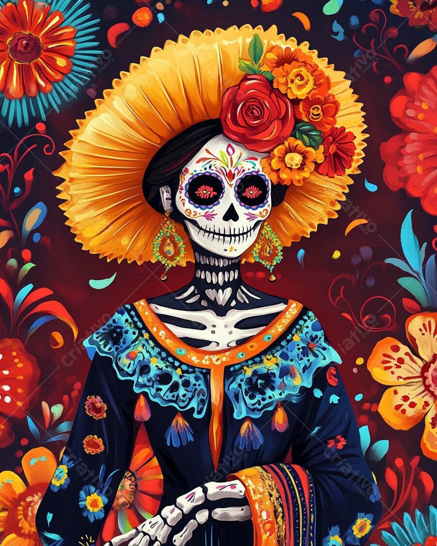 Mulher estilizada Catrina colorida com sombrero e flores tema Dia dos Mortos