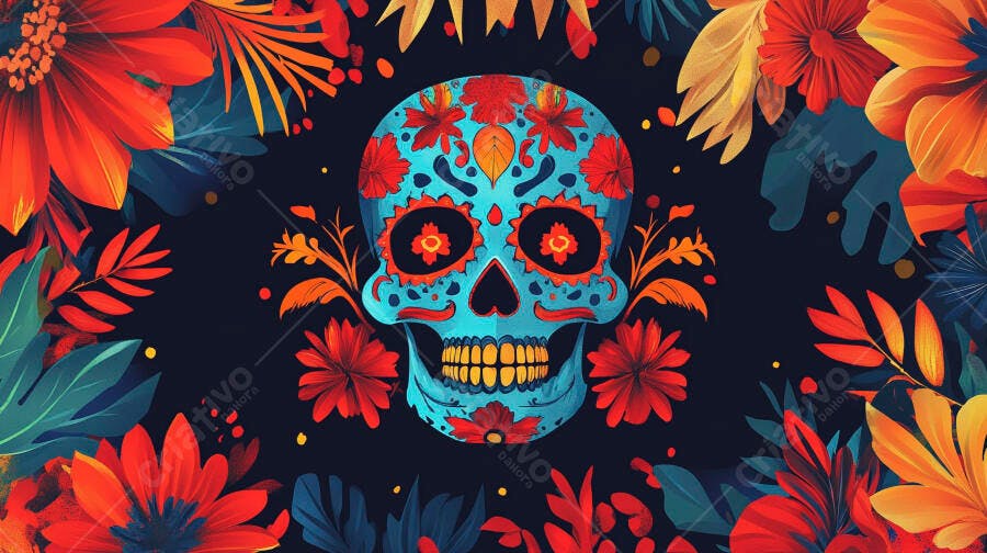 Caveira mexicana azul vibrante com flores Dia de los Muertos