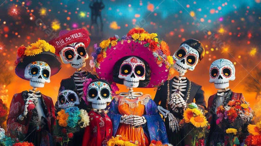 Família de esqueletos Catrinas celebrando Dia dos Mortos com flores vibrantes