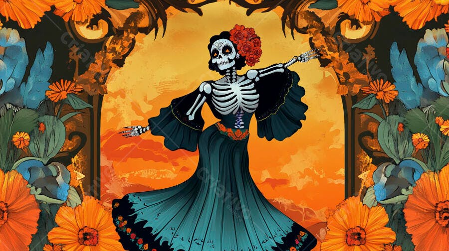Catrina esqueleto dançando com vestido azul-petróleo e flores vermelhas Dia de Muertos